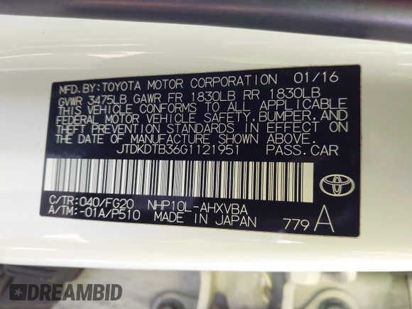 2016 Toyota Prius One with VIN JTDKDTB36G1121951, listed as a IAAI auction lot 42172776 with 94,262 mi miles and . Bid and sale history available at DreamBid. Image 9.