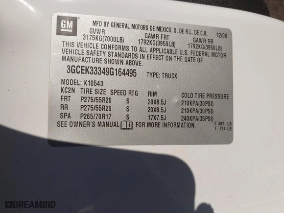2009 Chevrolet Silverado 1500 LTZ with VIN 3GCEK33349G164495, listed as a IAAI auction lot 41311466 with 154,845 mi miles. Bid and sale history available at carsss.com. Image 9.