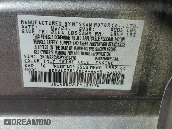 2023 Nissan Sentra SV z VIN 3N1AB8CV4PY309476, wystawiony jako Copart lot #52230295 z przebiegiem Nie podano mil oraz Szkoda całkowita • Salvage title. Historia ofert i sprzedaży dostępna na DreamBid. Obrazek 14.
