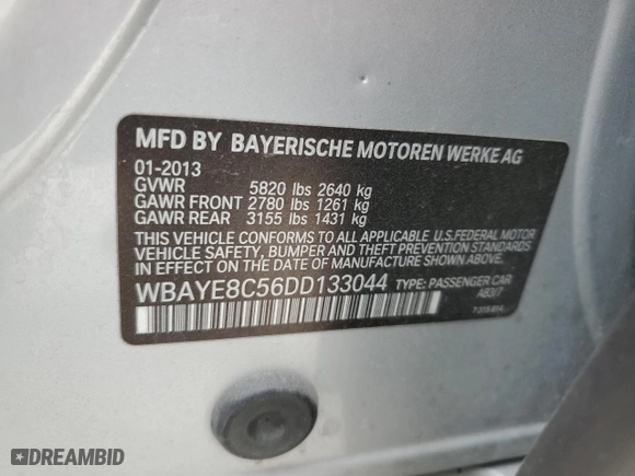 2013 BMW 7 Series 750Li with VIN WBAYE8C56DD133044, listed as a Copart auction lot 49092615 with 169,699 mi miles and Salvage Title. Bid and sale history available at carsss.com. Image 12.