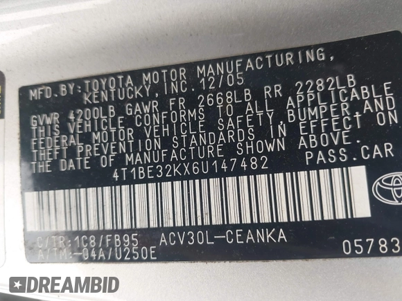 2006 Toyota Camry STD with VIN 4T1BE32KX6U147482, listed as a IAAI auction lot 42244982 with 172,670 mi miles and . Bid and sale history available at DreamBid. Image 9.