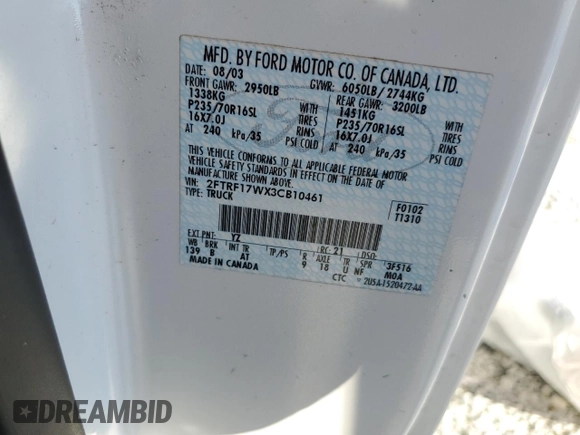 2003 Ford F-150 XL with VIN 2FTRF17WX3CB10461, listed as a Copart auction lot 48663195 with 94,954 mi miles and Salvage Title. Bid and sale history available at DreamBid. Image 15.