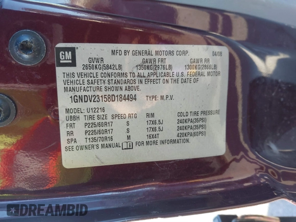 2008 Chevrolet Uplander LS z VIN 1GNDV23158D184494, wystawiony jako IAAI lot #41034865 z przebiegiem 280 230 mil mil oraz . Historia ofert i sprzedaży dostępna na DreamBid. Obrazek 9.