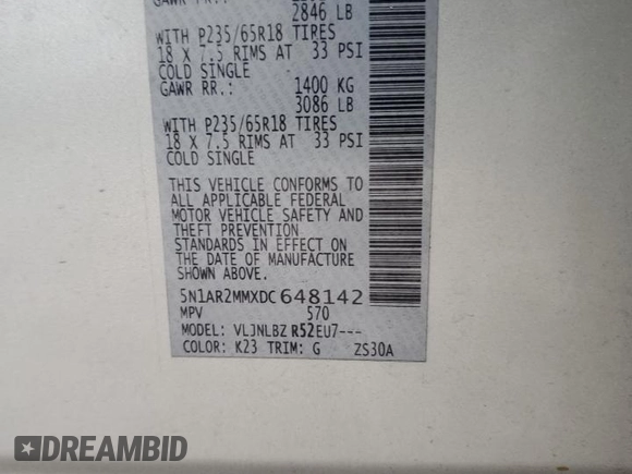 2013 Nissan Pathfinder SL with VIN 5N1AR2MMXDC648142, listed as a Copart auction lot 61942724 with 131,572 mi miles and Salvage title. Bid and sale history available at DreamBid. Image 13.