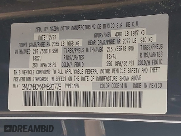 2023 Mazda CX-30 S Carbon Edition with VIN 3MVDMBCMXPM520776, listed as a IAAI auction lot 42205047 with Not provided miles and . Bid and sale history available at DreamBid. Image 9.