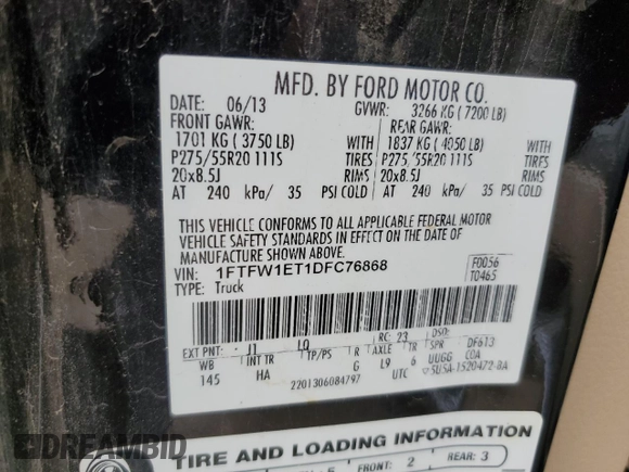 2013 Ford F-150 XL with VIN 1FTFW1ET1DFC76868, listed as a Copart auction lot 60049605 with 132,331 mi miles and Salvage title. Bid and sale history available at DreamBid. Image 12.