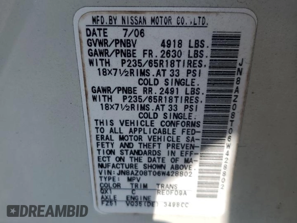 2006 Nissan Murano S with VIN JN8AZ08T06W428802, listed as a Copart auction lot 49888225 with 83,468 mi miles and Non Repairable. Bid and sale history available at carsss.com. Image 13.