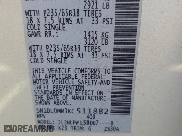 2019 Infiniti QX60 Pure with VIN 5N1DL0MM1KC511882, listed as a Copart auction lot 62567665 with 38,520 mi miles and Salvage title. Bid and sale history available at DreamBid. Image 13.
