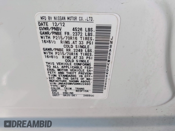 2013 Nissan Rogue SL with VIN JN8AS5MV5DW622490, listed as a IAAI auction lot 41260944 with 110,175 mi miles and . Bid and sale history available at DreamBid. Image 9.