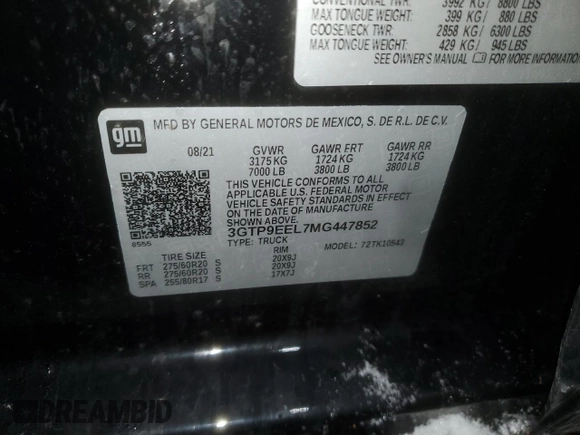 2021 GMC Sierra 1500 AT4 with VIN 3GTP9EEL7MG447852, listed as a Copart auction lot 44770625 with 29,832 mi miles and Salvage Title. Bid and sale history available at carsss.com. Image 13.