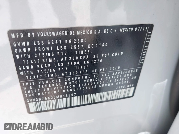 2018 Volkswagen Tiguan SEL с VIN 3VV3B7AX2JM018897, выставлен на аукционе IAAI как лот 42313472 с пробегом 97 362 миль миль и . История ставок и продаж доступна на DreamBid. Изображение 9.