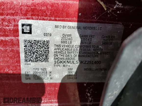 2019 GMC Acadia SLT with VIN 1GKKNULS6KZ251400, listed as a Copart auction lot 43090585 with Not Provided miles and Non Repairable. Bid and sale history available at DreamBid. Image 14.