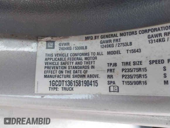 2005 Chevrolet Colorado 1SF LS Z71 z VIN 1GCDT136158190415, wystawiony jako IAAI lot #42059101 z przebiegiem 208 634 mil mil oraz . Historia ofert i sprzedaży dostępna na DreamBid. Obrazek 9.