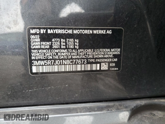2022 BMW 3 Series 330i xDrive z VIN 3MW5R7J01N8C77673, wystawiony jako Copart lot #43196945 z przebiegiem 39 517 mil mil oraz Szkoda całkowita • Salvage title. Historia ofert i sprzedaży dostępna na DreamBid. Obrazek 14.