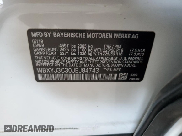 2018 BMW X2 sDrive28i with VIN WBXYJ3C30JEJ84743, listed as a Copart auction lot 45748455 with 64,802 mi miles and Salvage Title. Bid and sale history available at carsss.com. Image 14.