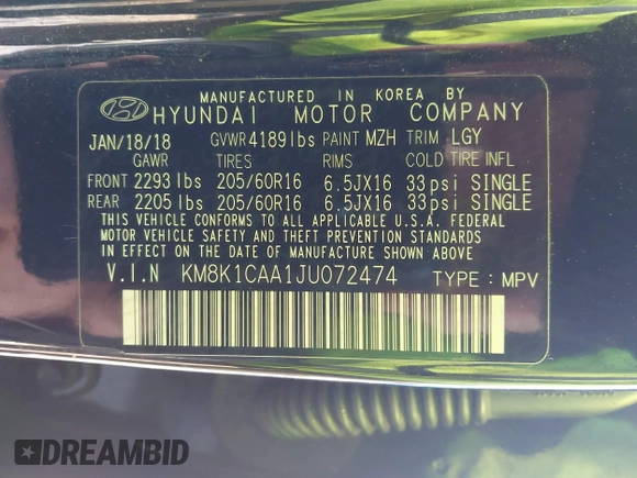 2018 Hyundai Kona SE with VIN KM8K1CAA1JU072474, listed as a IAAI auction lot 41191029 with 85,450 mi miles. Bid and sale history available at carsss.com. Image 9.