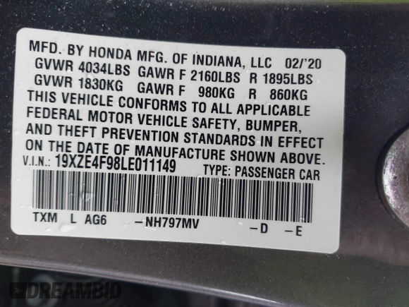 2020 Honda Insight Touring with VIN 19XZE4F98LE011149, listed as a IAAI auction lot 41834043 with 54,251 mi miles and . Bid and sale history available at carsss.com. Image 9.