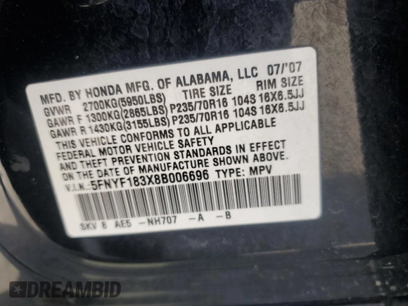 2008 Honda Pilot SE with VIN 5FNYF183X8B006696, listed as a Copart auction lot 58310955 with Not provided miles and Salvage title. Bid and sale history available at DreamBid. Image 14.