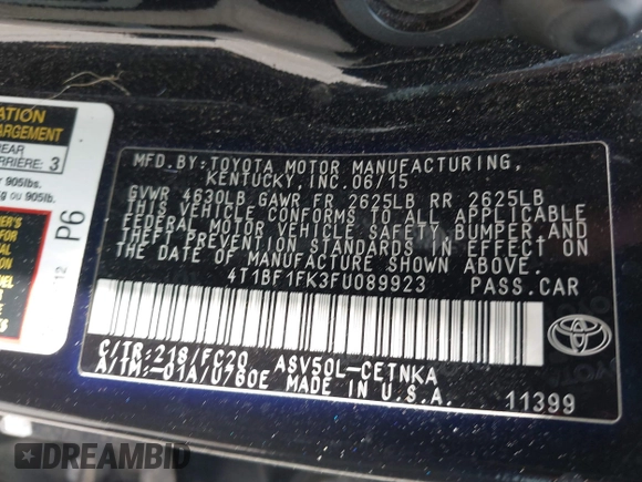 2015 Toyota Camry XLE z VIN 4T1BF1FK3FU089923, wystawiony jako IAAI lot #42285166 z przebiegiem 109 631 mil mil oraz . Historia ofert i sprzedaży dostępna na DreamBid. Obrazek 9.