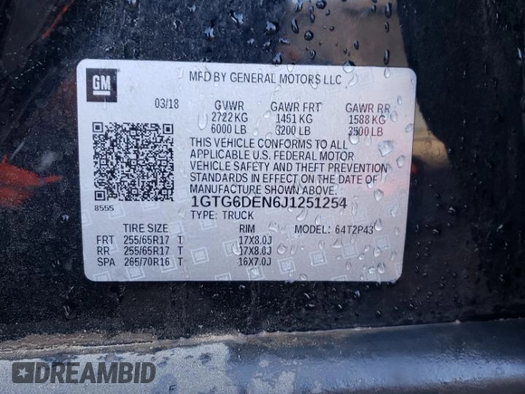 2018 GMC Canyon 4WD SLT with VIN 1GTG6DEN6J1251254, listed as a Copart auction lot 82360164 with Not provided miles and Salvage title. Bid and sale history available at DreamBid. Image 12.