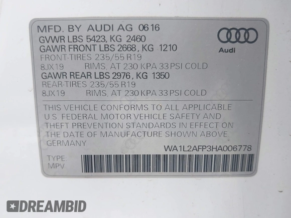 2017 Audi Q5 Premium Plus z VIN WA1L2AFP3HA006778, wystawiony jako IAAI lot #42198412 z przebiegiem 187 124 mil mil oraz . Historia ofert i sprzedaży dostępna na DreamBid. Obrazek 9.