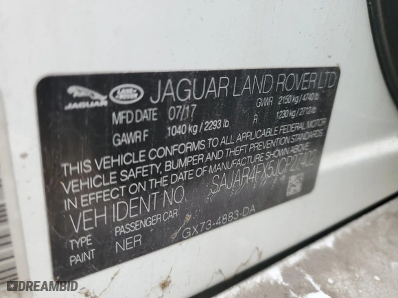 2018 Jaguar XE 25t with VIN SAJAR4FX5JCP27402, listed as a Copart auction lot 43182245 with NaN miles and Clean Title. Bid and sale history available at carsss.com. Image 13.