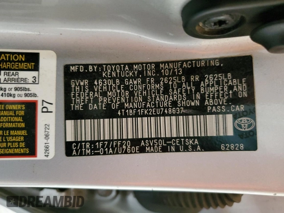 2014 Toyota Camry L with VIN 4T1BF1FK2EU748637, listed as a Copart auction lot 51493505 with 179,529 mi miles and Salvage Title. Bid and sale history available at DreamBid. Image 12.
