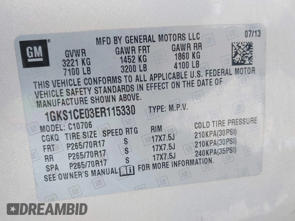 2014 GMC Yukon SLT with VIN 1GKS1CE03ER115330, listed as a IAAI auction lot 41346200 with 115,010 mi miles. Bid and sale history available at carsss.com. Image 9.