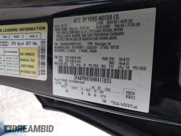 2017 Ford Fusion SE with VIN 3FA6P0H70HR411035, listed as a IAAI auction lot 40943744 with 108,289 mi miles and . Bid and sale history available at DreamBid. Image 9.