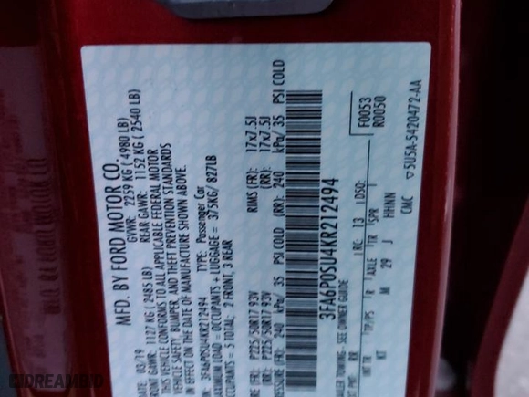 2019 Ford Fusion Energi Titanium with VIN 3FA6P0SU4KR212494, listed as a Copart auction lot 73422882 with 40,063 mi miles. Bid and sale history available at carsss.com. Image 12.