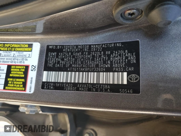 2023 Toyota Camry SE with VIN 4T1G11AK8PU732604, listed as a Copart auction lot 50635685 with 57,364 mi miles and Salvage Title. Bid and sale history available at DreamBid. Image 15.