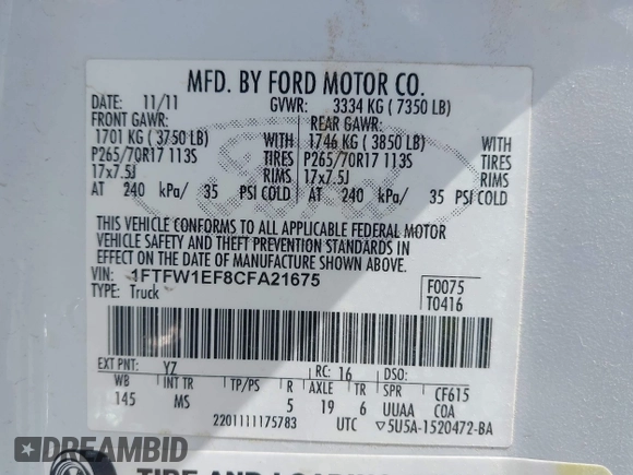 2012 Ford F-150 XL z VIN 1FTFW1EF8CFA21675, wystawiony jako IAAI lot #42772906 z przebiegiem 285 742 mil mil oraz . Historia ofert i sprzedaży dostępna na DreamBid. Obrazek 9.