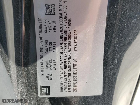 2013 Chevrolet Camaro LT with VIN 2G1FC1E31D9178191, listed as a Copart auction lot 45695935 with 127596 miles and Salvage Title. Bid and sale history available at carsss.com. Image 12.