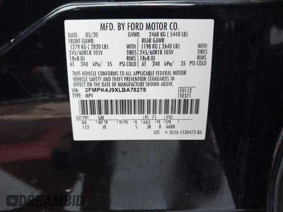 2020 Ford Edge SEL z VIN 2FMPK4J9XLBA78278, wystawiony jako IAAI lot #42181490 z przebiegiem 236 730 mil mil oraz . Historia ofert i sprzedaży dostępna na DreamBid. Obrazek 9.
