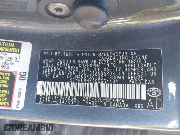 2016 Toyota Corolla L z VIN 2T1BURHE1GC654491, wystawiony jako IAAI lot #41273801 z przebiegiem Nie podano mil oraz . Historia ofert i sprzedaży dostępna na DreamBid. Obrazek 9.