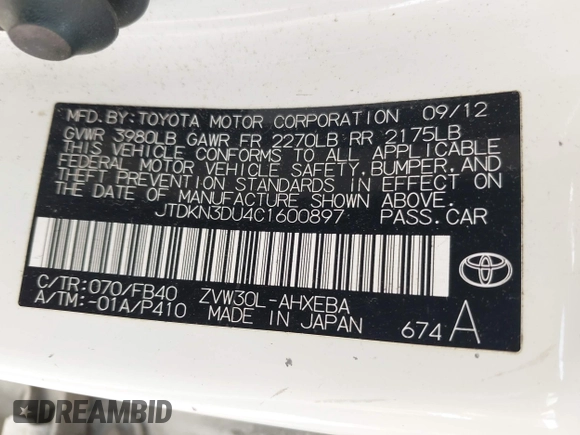 2012 Toyota Prius One with VIN JTDKN3DU4C1600897, listed as a IAAI auction lot 42152349 with 185,611 mi miles. Bid and sale history available at carsss.com. Image 9.