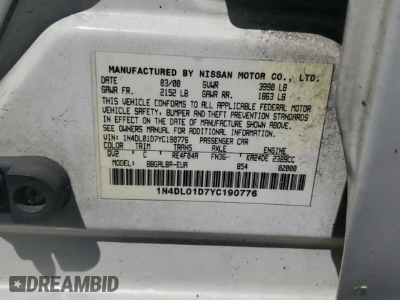 2000 Nissan Altima XE z VIN 1N4DL01D7YC190776, wystawiony jako Copart lot #53376635 z przebiegiem 211 582 mil mil oraz Szkoda całkowita • Salvage title. Historia ofert i sprzedaży dostępna na DreamBid. Obrazek 12.
