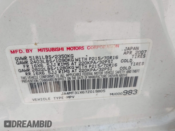 2007 Mitsubishi Outlander LS z VIN JA4MT31X67Z019805, wystawiony jako IAAI lot #42424258 z przebiegiem Nie podano mil oraz . Historia ofert i sprzedaży dostępna na DreamBid. Obrazek 9.