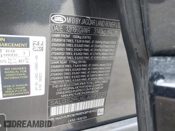 2020 Land Rover Range Rover HSE with VIN SALGS2RU6LA593221, listed as a IAAI auction lot 41848745 with Not provided miles and . Bid and sale history available at DreamBid. Image 9.