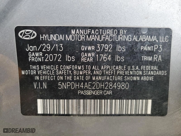 2013 Hyundai Elantra Limited PZEV with VIN 5NPDH4AE2DH284980, listed as a Copart auction lot 51364845 with 68,561 mi miles and Salvage Title. Bid and sale history available at carsss.com. Image 12.