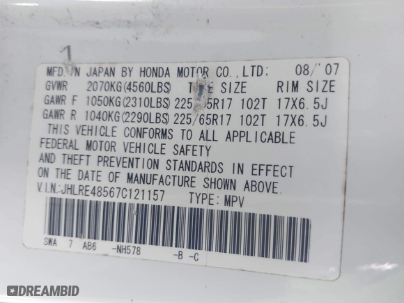 2007 Honda CR-V EX with VIN JHLRE48567C121157, listed as a IAAI auction lot 42057014 with 109,687 mi miles. Bid and sale history available at carsss.com. Image 9.
