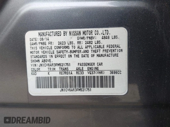 2015 Infiniti Q40 with VIN JN1CV6AR3FM521751, listed as a IAAI auction lot 42212244 with 118,245 mi miles and . Bid and sale history available at DreamBid. Image 9.