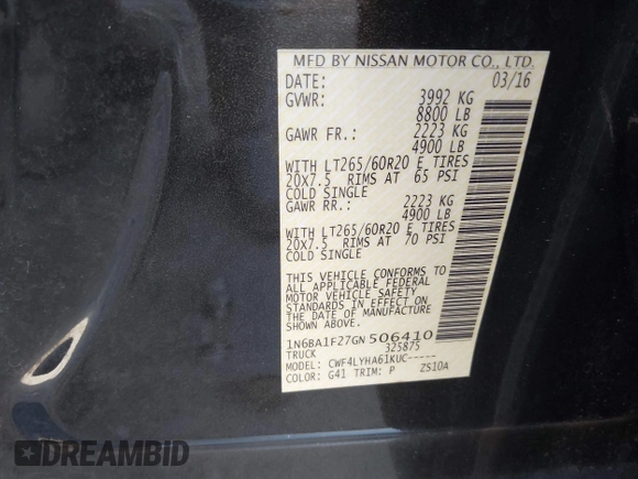 2016 Nissan Titan XD Platinum Reserve with VIN 1N6BA1F27GN506410, listed as a IAAI auction lot 41768621 with 159,404 mi miles. Bid and sale history available at carsss.com. Image 9.