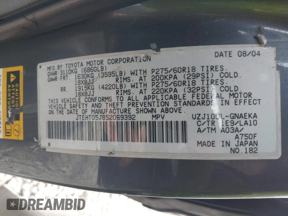 2005 Toyota Land Cruiser z VIN JTEHT05J852069392, wystawiony jako IAAI lot #41450782 z przebiegiem 187 949 mil mil oraz . Historia ofert i sprzedaży dostępna na DreamBid. Obrazek 9.