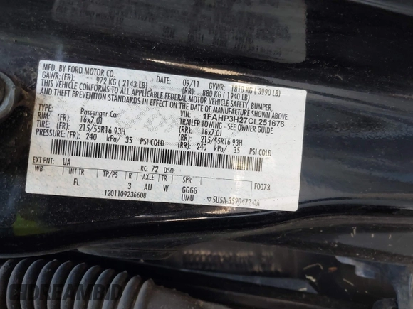 2012 Ford Focus SEL with VIN 1FAHP3H27CL251676, listed as a IAAI auction lot 41768765 with 196,206 mi miles. Bid and sale history available at carsss.com. Image 9.