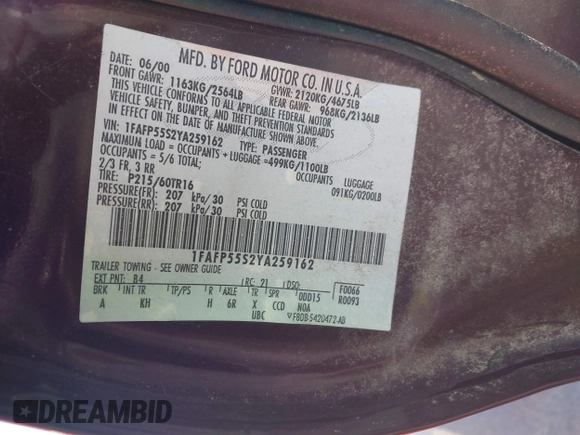 2000 Ford Taurus SES with VIN 1FAFP55S2YA259162, listed as a IAAI auction lot 42490655 with 220,347 mi miles and . Bid and sale history available at DreamBid. Image 9.