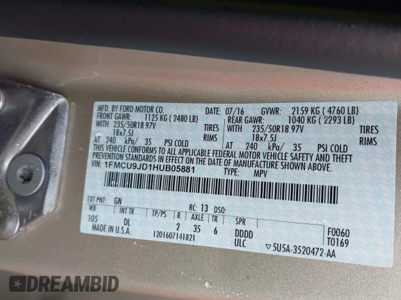 2017 Ford Escape Titanium with VIN 1FMCU9JD1HUB05881, listed as a IAAI auction lot 41966842 with 185,963 mi miles. Bid and sale history available at carsss.com. Image 9.