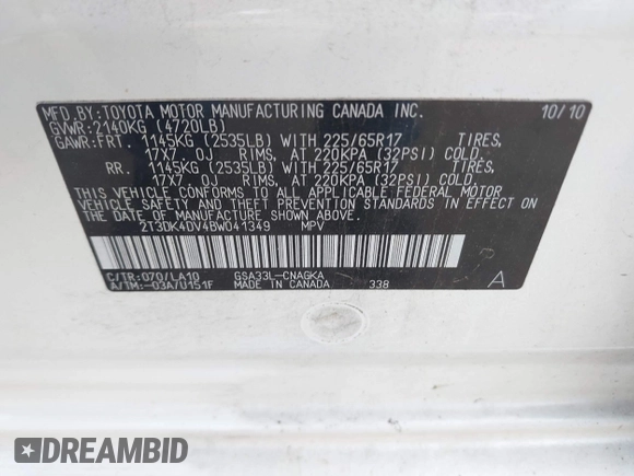 2011 Toyota RAV4 Ltd with VIN 2T3DK4DV4BW041349, listed as a IAAI auction lot 42045654 with 193,283 mi miles. Bid and sale history available at carsss.com. Image 9.