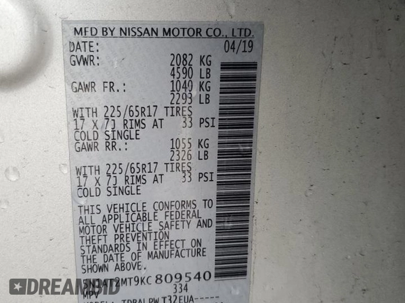 2019 Nissan Rogue SL with VIN 5N1AT2MT9KC809540, listed as a Copart auction lot 47640175 with 99,252 mi miles and Salvage Title. Bid and sale history available at DreamBid. Image 14.