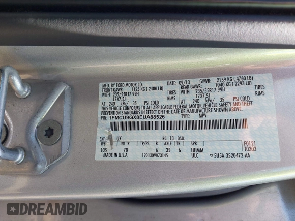 2014 Ford Escape SE with VIN 1FMCU9GX8EUA88526, listed as a IAAI auction lot 42578612 with 22,623 mi miles and . Bid and sale history available at DreamBid. Image 9.